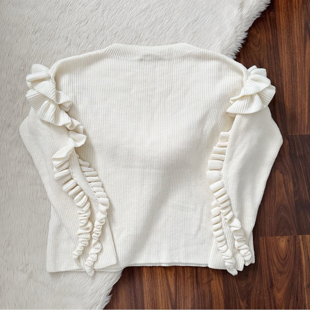 Frame Ruffle-yoke Ribbed Sweater In Off White - Picture 5 of 12